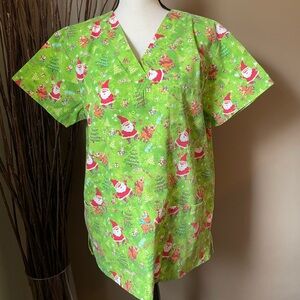 Festive Green Santa Print Scrub Top